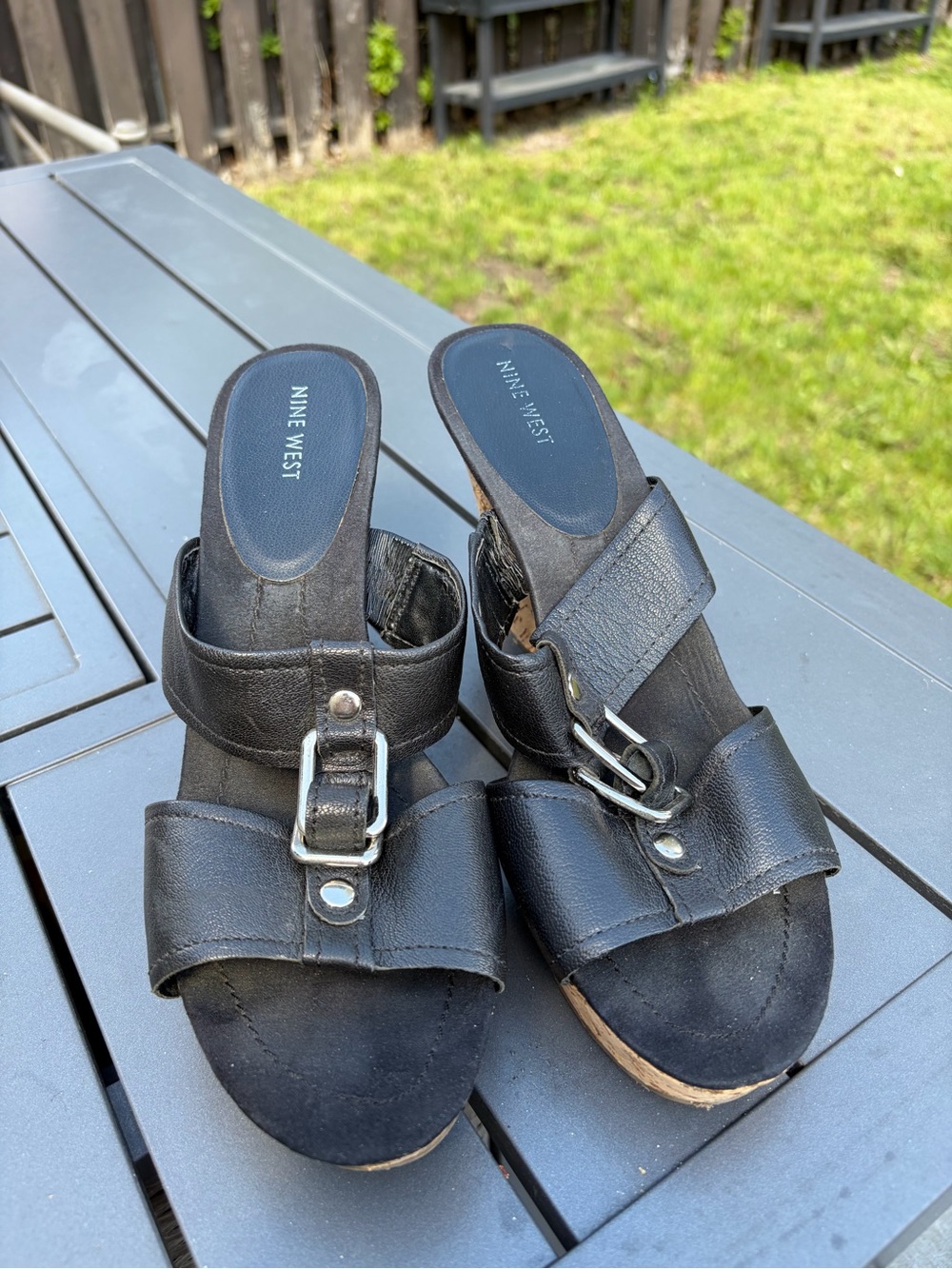 Nine West Black Leather Buckle Slide Sandals